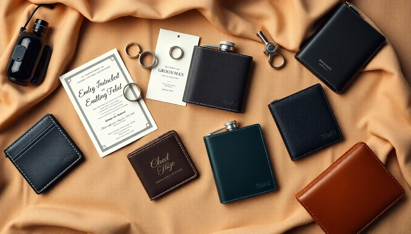 Explore unique cheap groomsmen gifts including custom wallets and flasks set against a stylish backdrop.