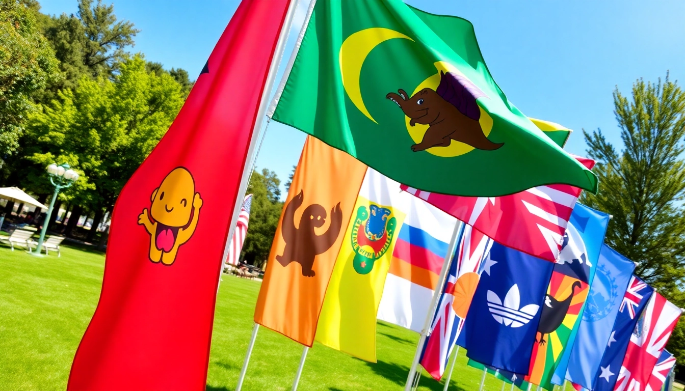 Custom flags Ireland showcasing vibrant designs fluttering in a sunny park setting.