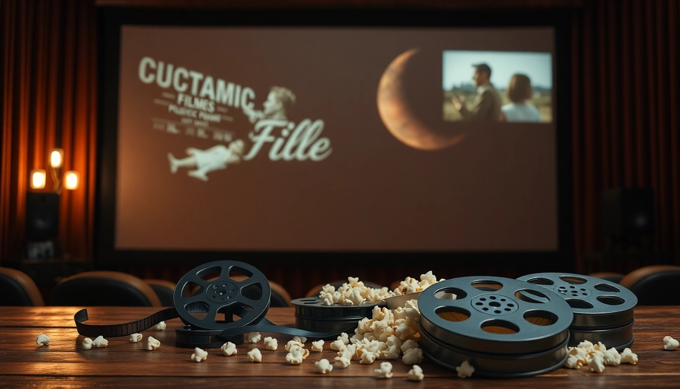 Watch classic public domain movies streaming on a retro movie screen with popcorn and film reels.