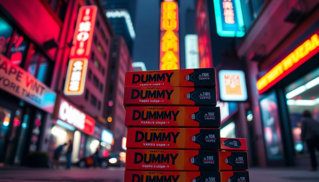 Showcasing Dummy Vapes in a vibrant urban setting with colorful packaging stacked against a neon-lit backdrop.