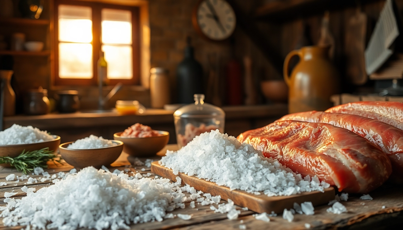 Salting meat using coarse salt for preservation in a rustic kitchen setting.