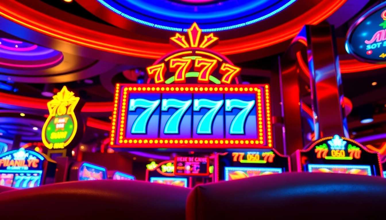 Spin the สล็อต777 slot machines in a vibrant casino filled with colorful lights and exciting games.