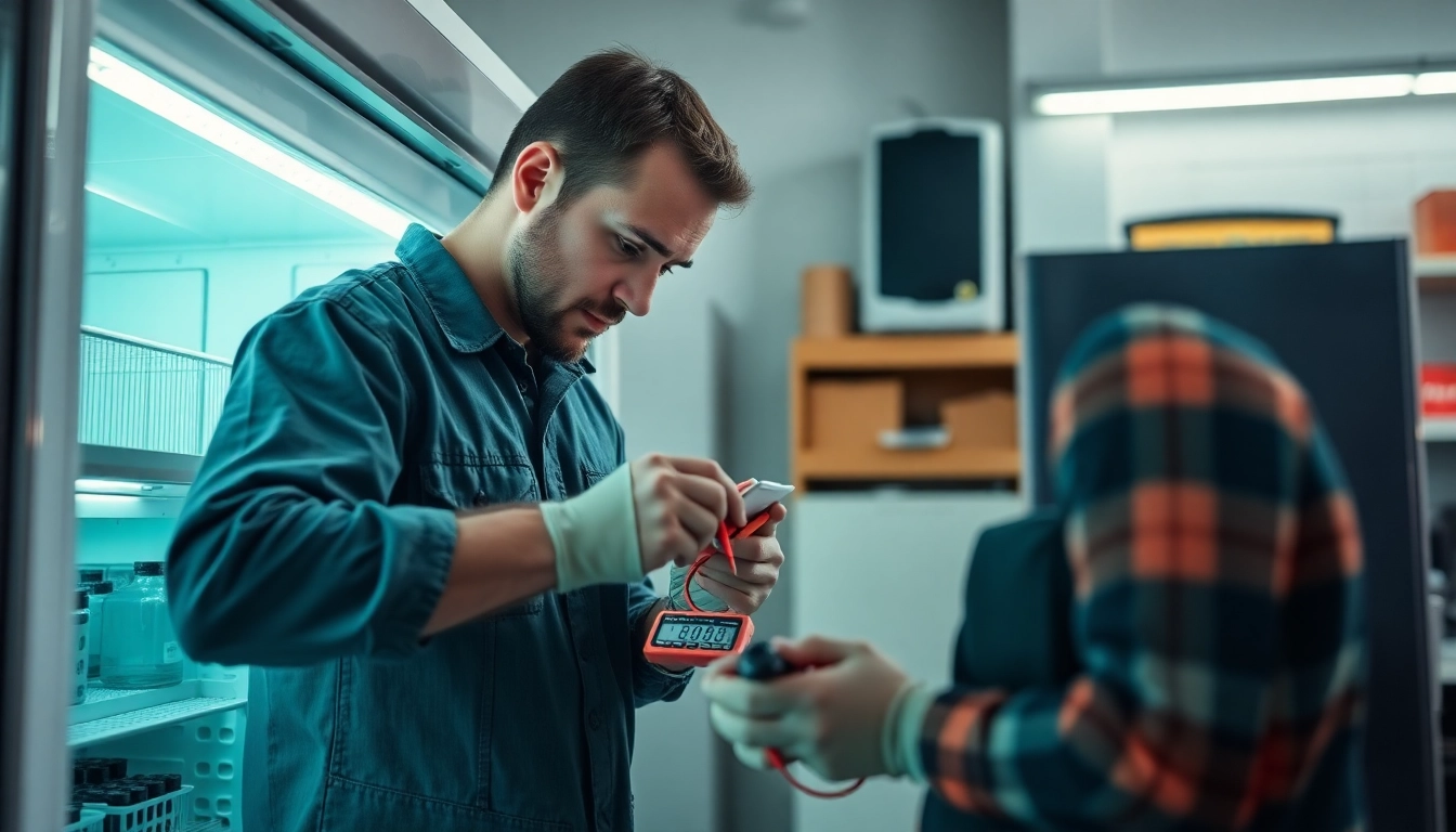 Performing beverage cooler repair with tools in a professional workshop.