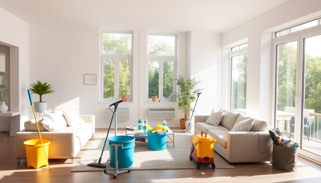 Professional cleaning company in Jacksonville organizing a spotless living room with sunlit ambiance.