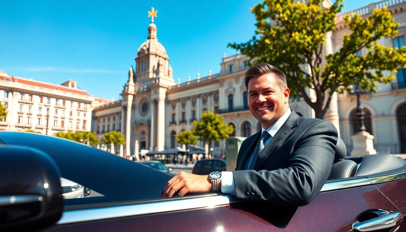 Book a cheap car rental with driver in Madrid, featuring a stylish vehicle and a smiling driver at a city landmark.