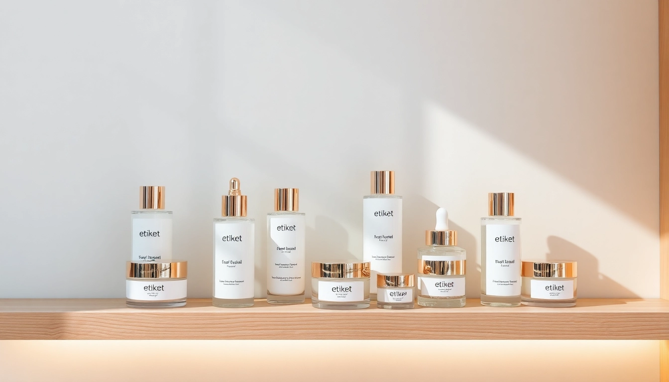 Showcase etiket luxury skincare products elegantly arranged, highlighting their sophisticated design and textures.