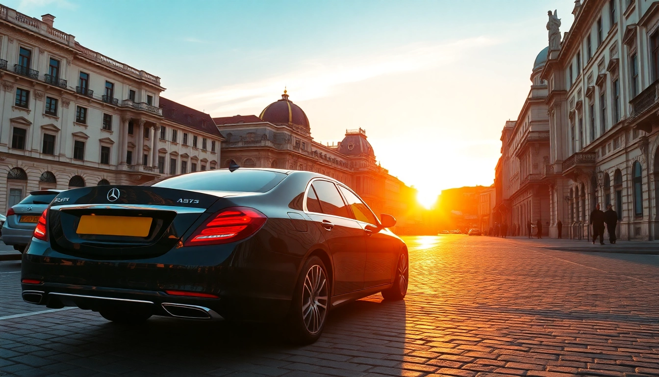 Experience a cheap chauffeur service Budapest with a luxurious sedan against a vibrant sunset backdrop.