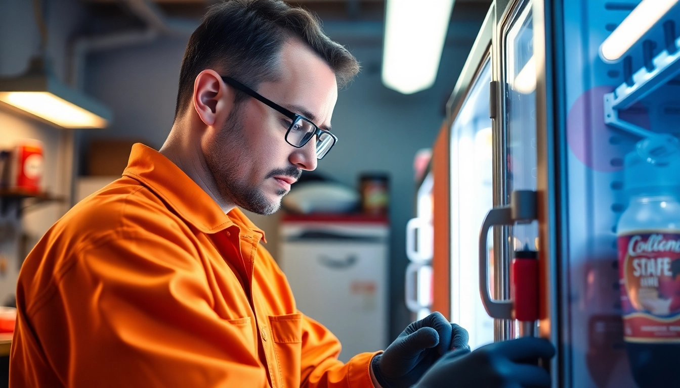 Technician conducting soda cooler repair in a bright workshop with tools and cooling units.