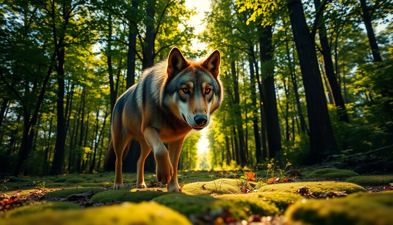 Observe the powerful wolf from www.sudswild.com in a sunlit forest, capturing nature's beauty.