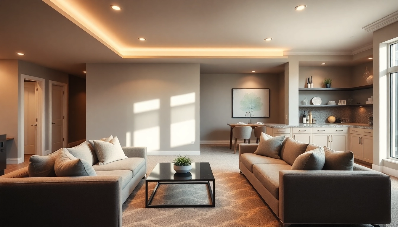 Stylish finished basements Utah featuring a cozy living space and wet bar.