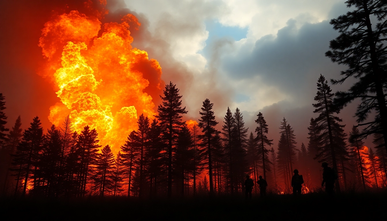 Firefighters battling wildfire events amid flames and smoke in a forest.