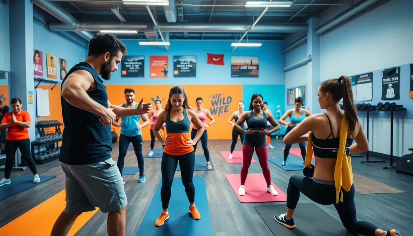 Participants engaging in small group training exercises with a trainer's guidance in a bright gym.