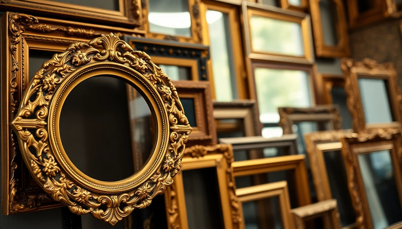 Showcasing ornate picture frames with rich details and luxurious finishes in a vibrant setting.