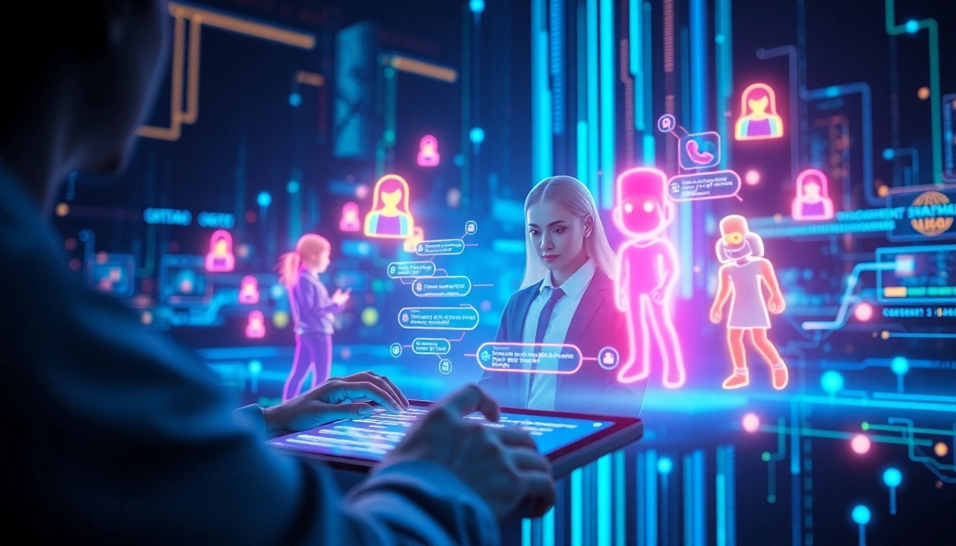 Engaging with a character ai chatbot on a futuristic interface surrounded by dynamic visuals.