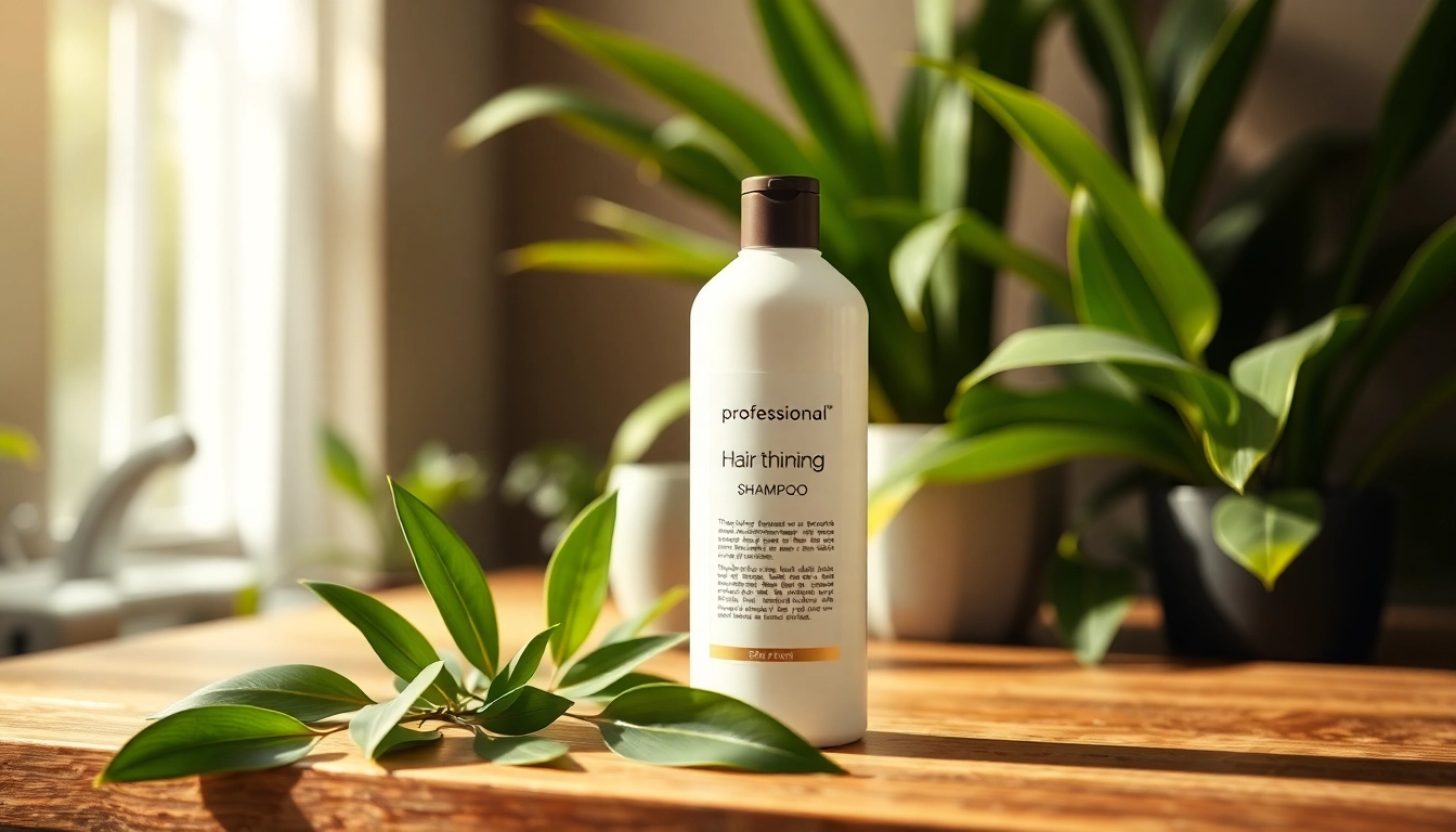 Revitalizing hair thinning shampoo displayed with natural elements on a wooden counter.