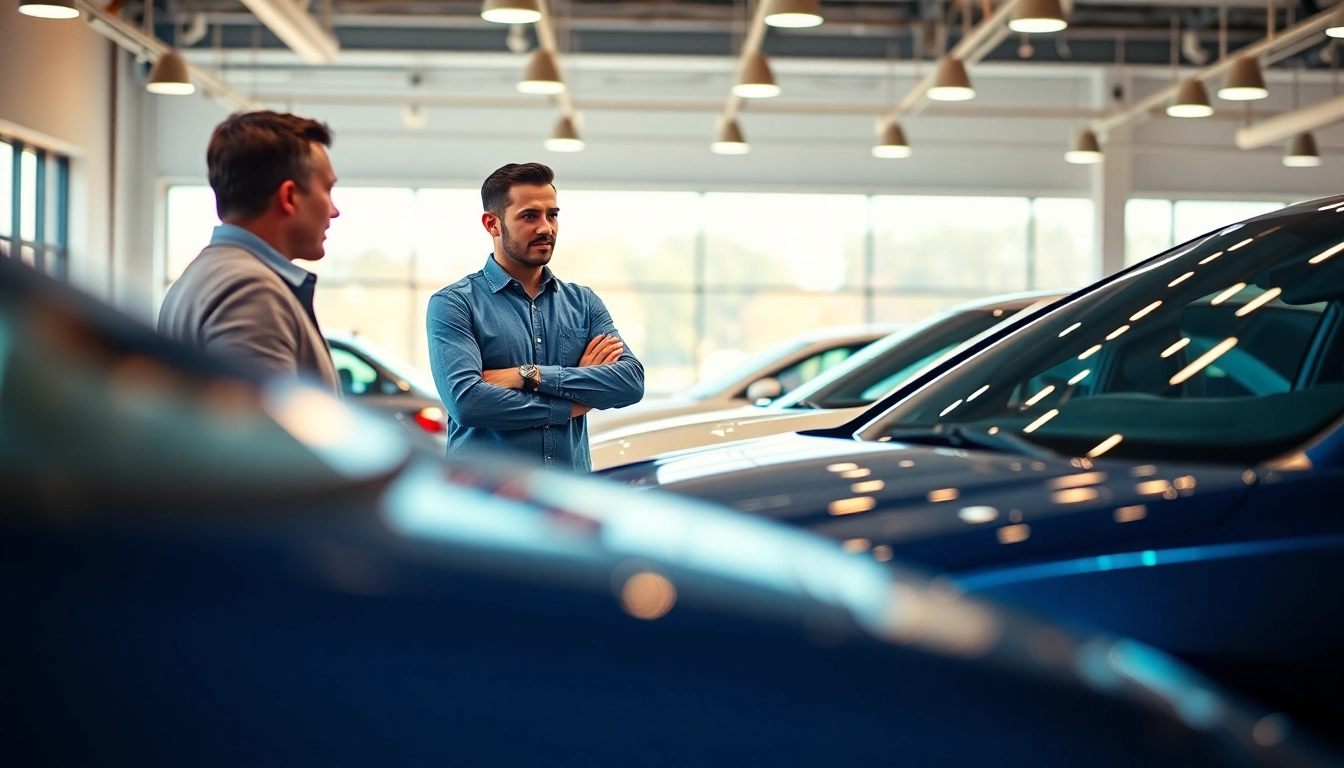 Engaged customer exploring competitive car Part Exchange options with a dealer in a vibrant showroom.