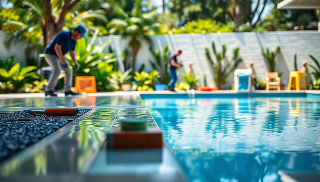 Pool renovation company team transforming an outdoor pool, showcasing skillful craftsmanship.