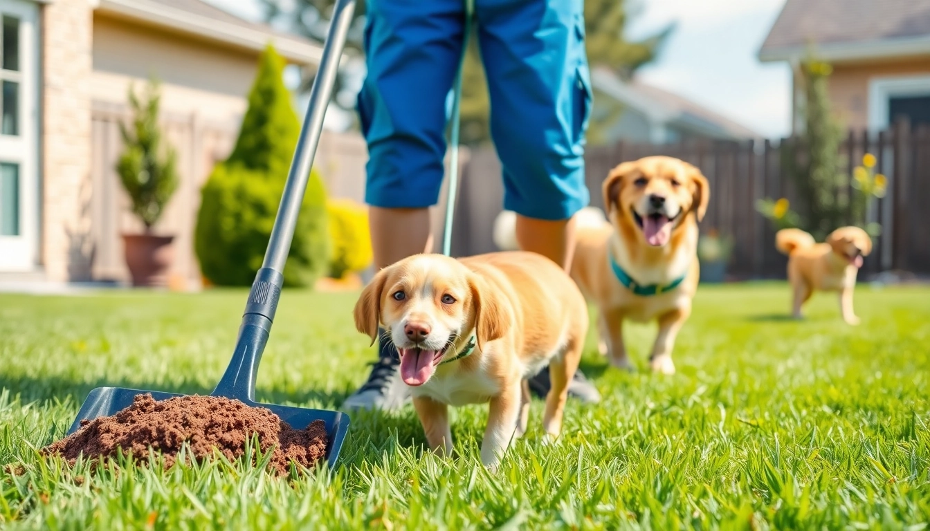 Dog poop cleaning service technician efficiently scooping pet waste in a clean backyard.