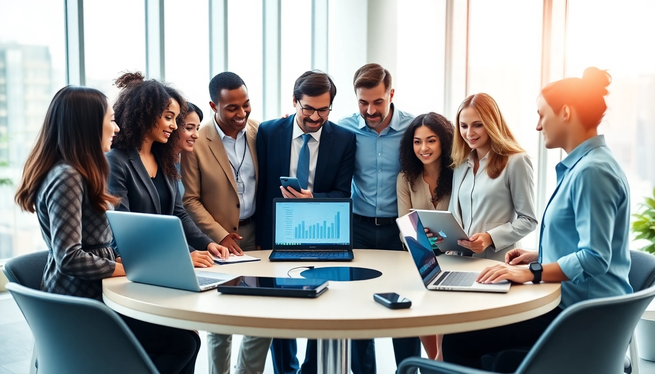 Engage in clinical research management training with a team strategizing in a modern office.