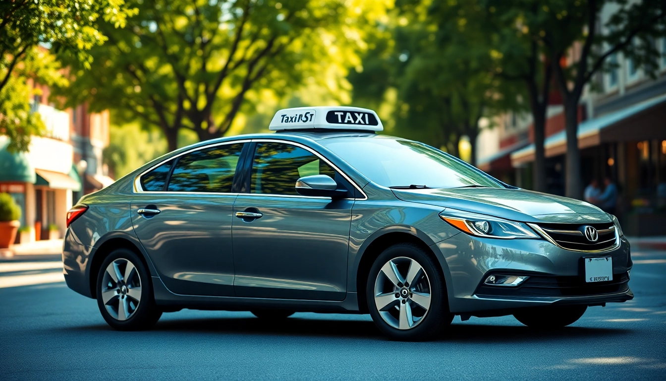 Highlighting Johns Creek taxi and car service, this modern sedan thrives in a sunny, bustling neighborhood.