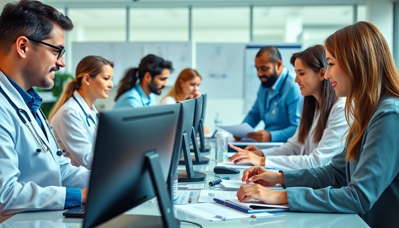 Engaged healthcare professionals working on medical billing & coding certification tasks in a modern office setting.