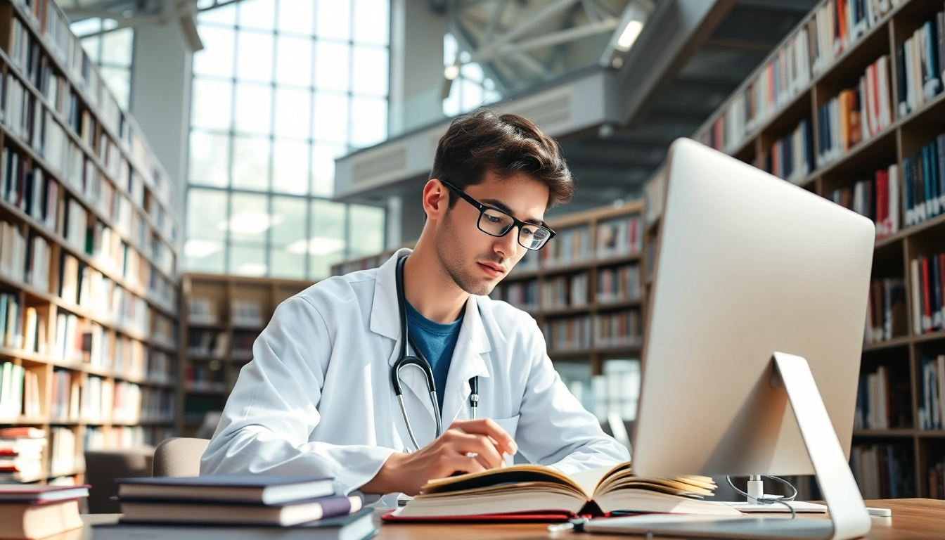 Medizinstudium ohne NC: Engaged student studying in a bright medical library.