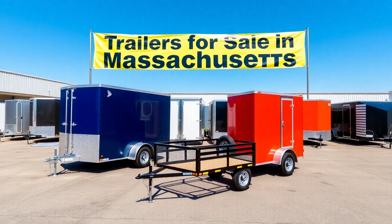 Various trailers for sale in Massachusetts at a sunny dealership, showcasing diverse options.