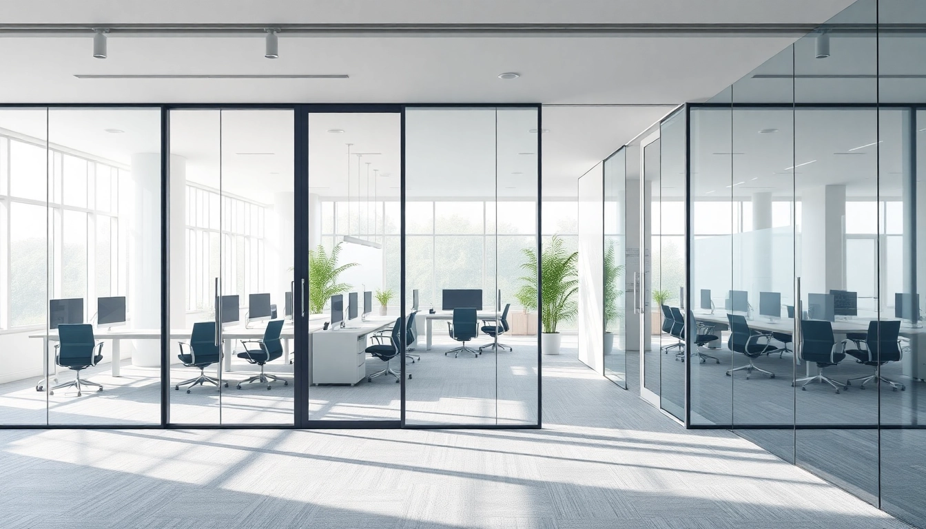 Showcasing movable glass partitions enhancing a modern office's design and functionality.