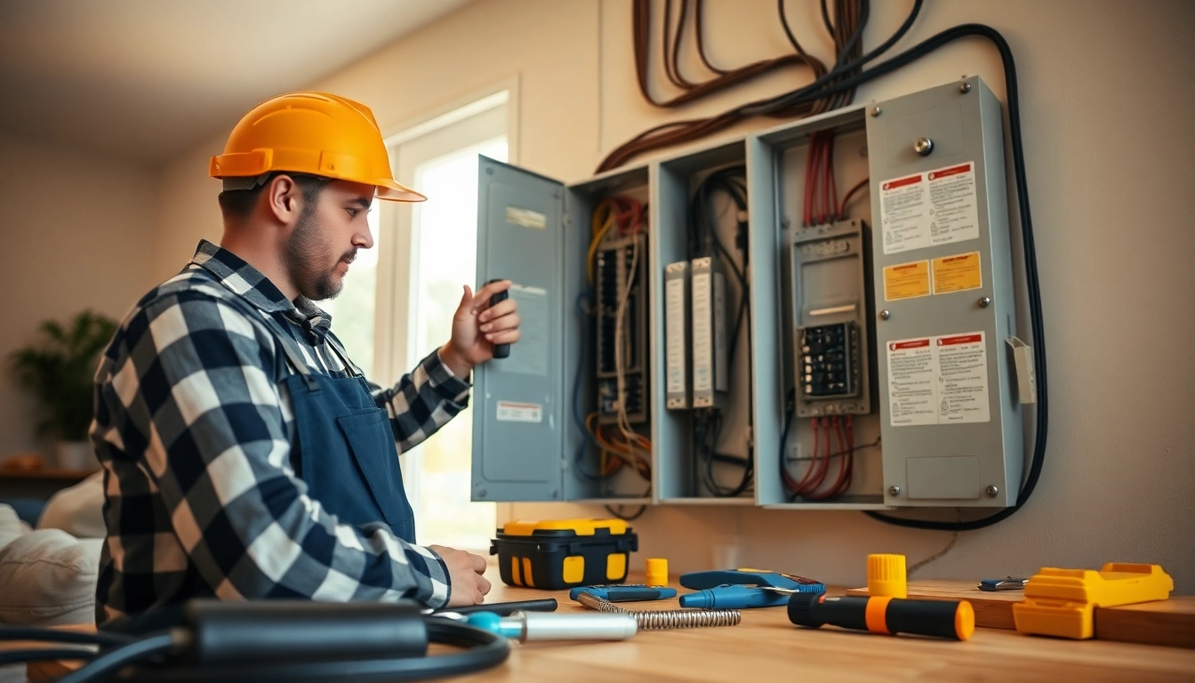 Electrician performing an Electrical Panel Upgrade with new tools and equipment in a home setting.