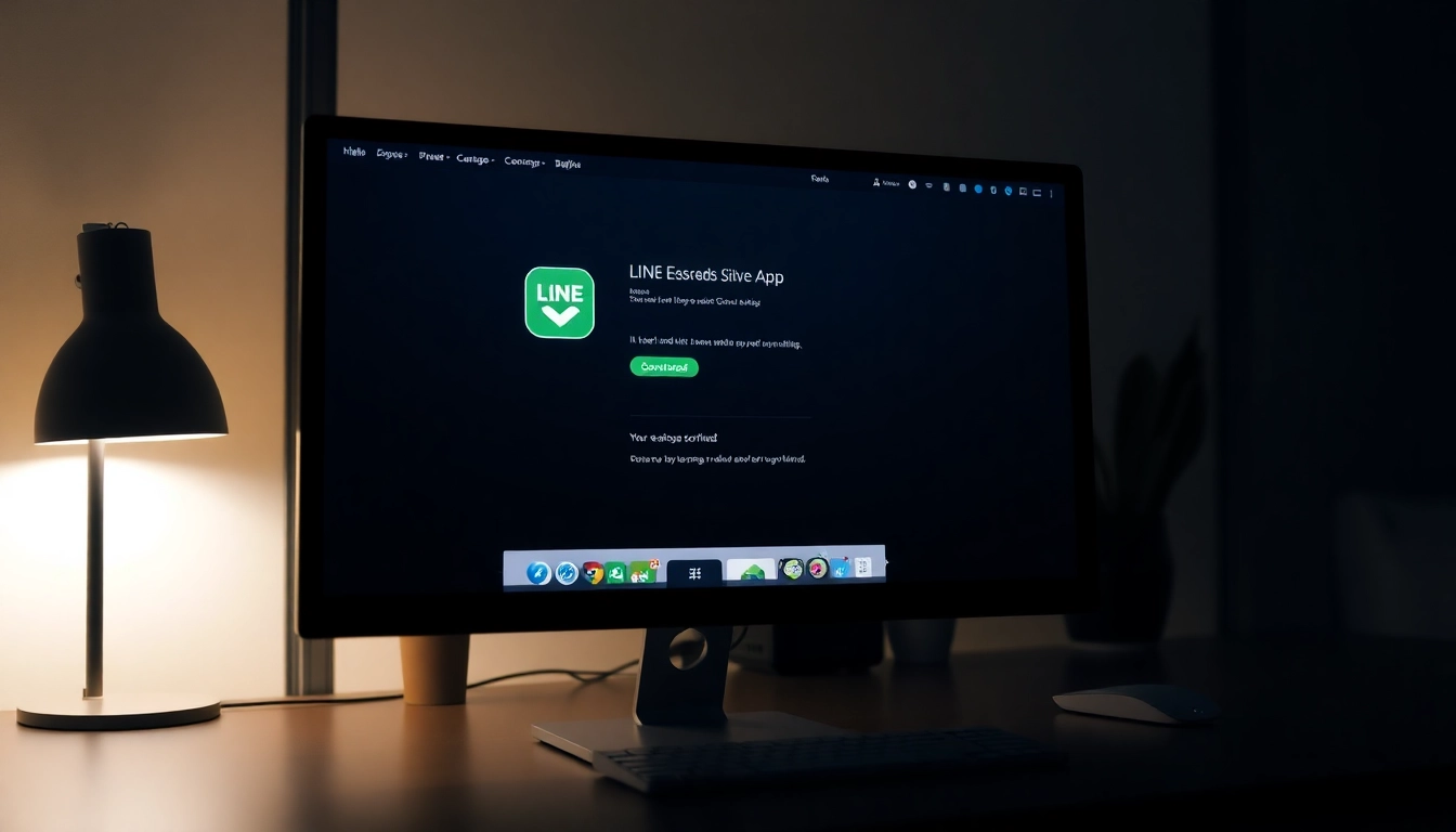 Download the LINE app for desktop with line下载電腦版 set against a stylish home office backdrop.