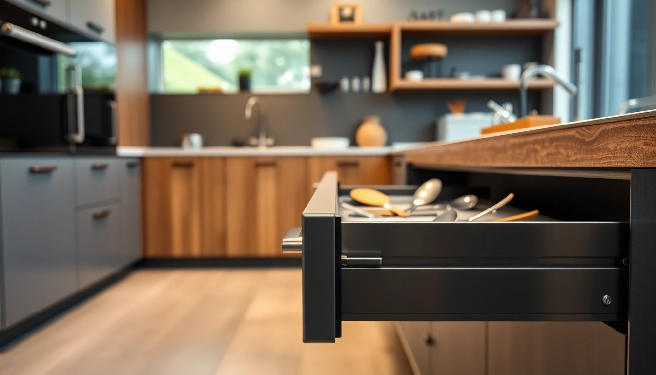 Showcasing a Metal Drawer System with organized kitchen utensils emphasizing functionality and design.