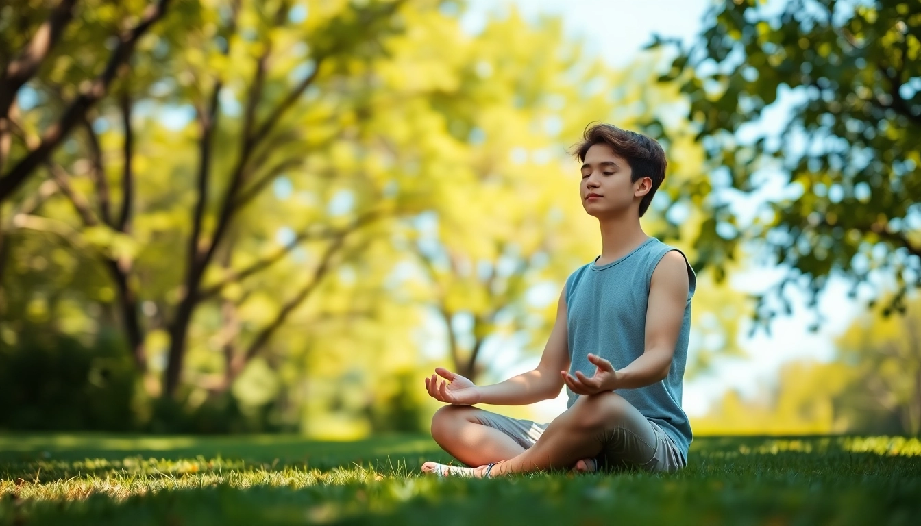 A young adult meditating outdoors, showcasing techniques for dealing with anxiety in a serene environment.