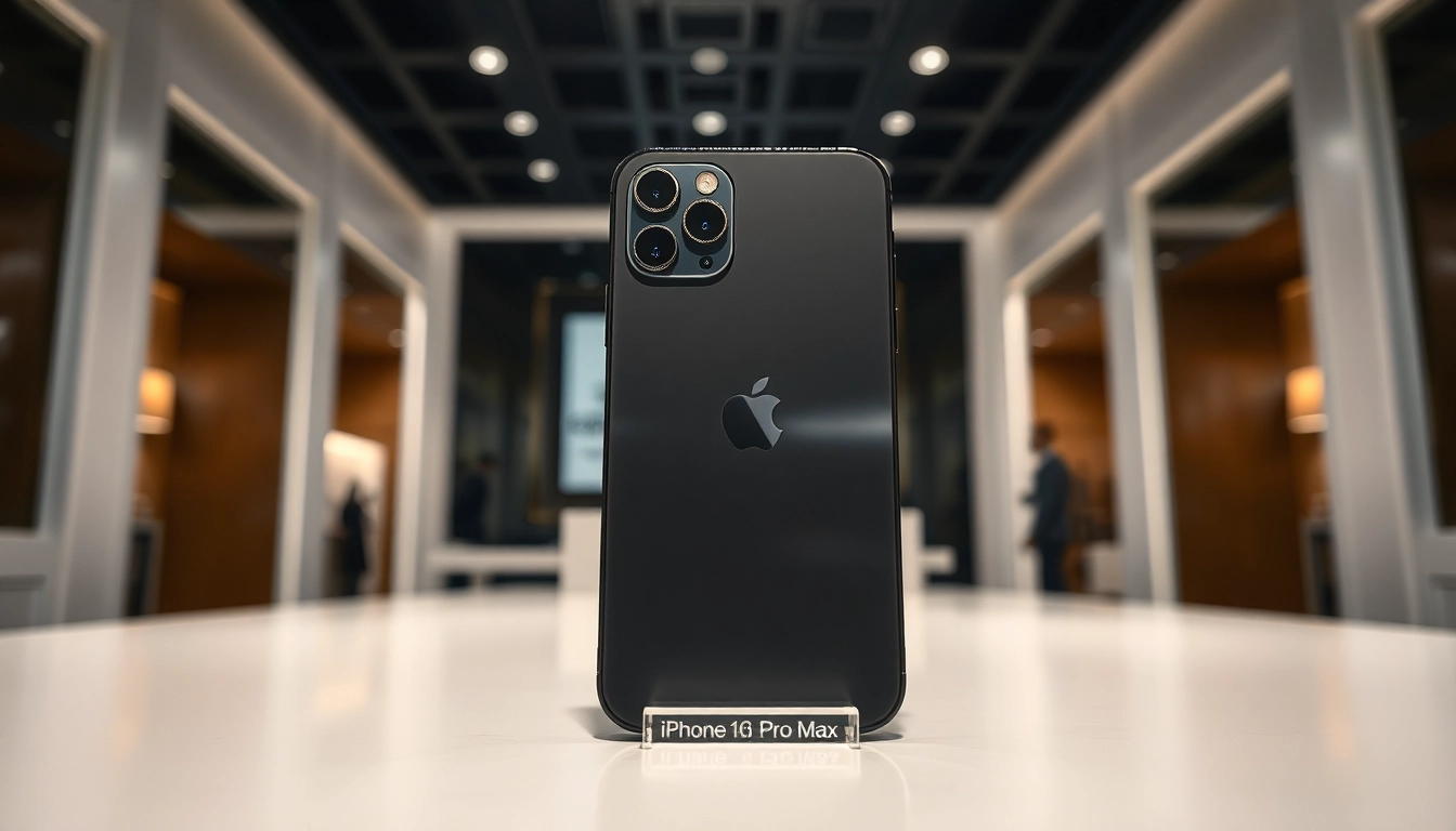 Showcase of iPhone 16 Pro Max available for purchase, emphasizing sleek design and modern features.