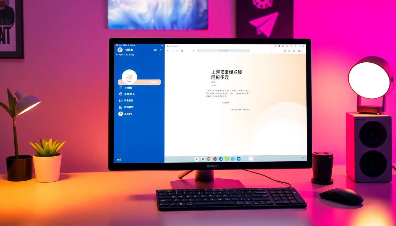 Visualizing the Telegram电脑版中文 on a desktop screen, showcasing its interface with tech accessories.