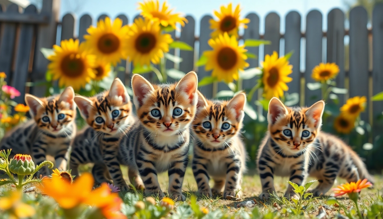 Explore Bengal breeders Orange County with playful kittens in a vibrant garden setting.