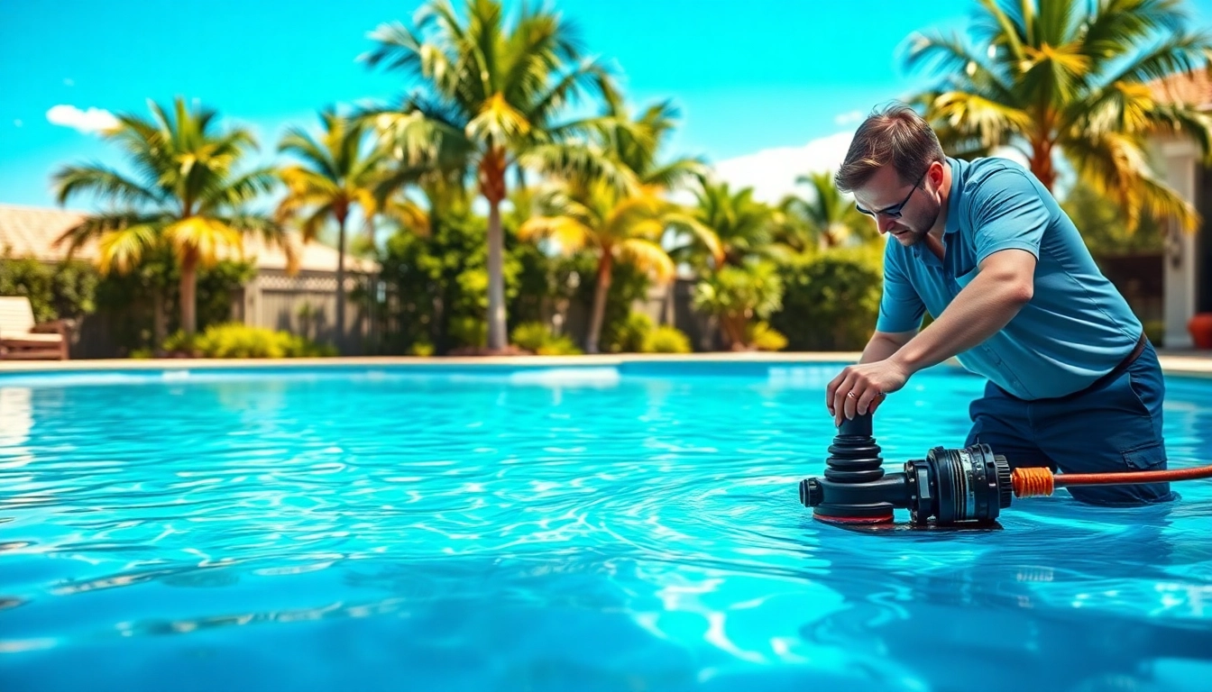 Expert pool service largo technician performing maintenance on a vibrant residential swimming pool.