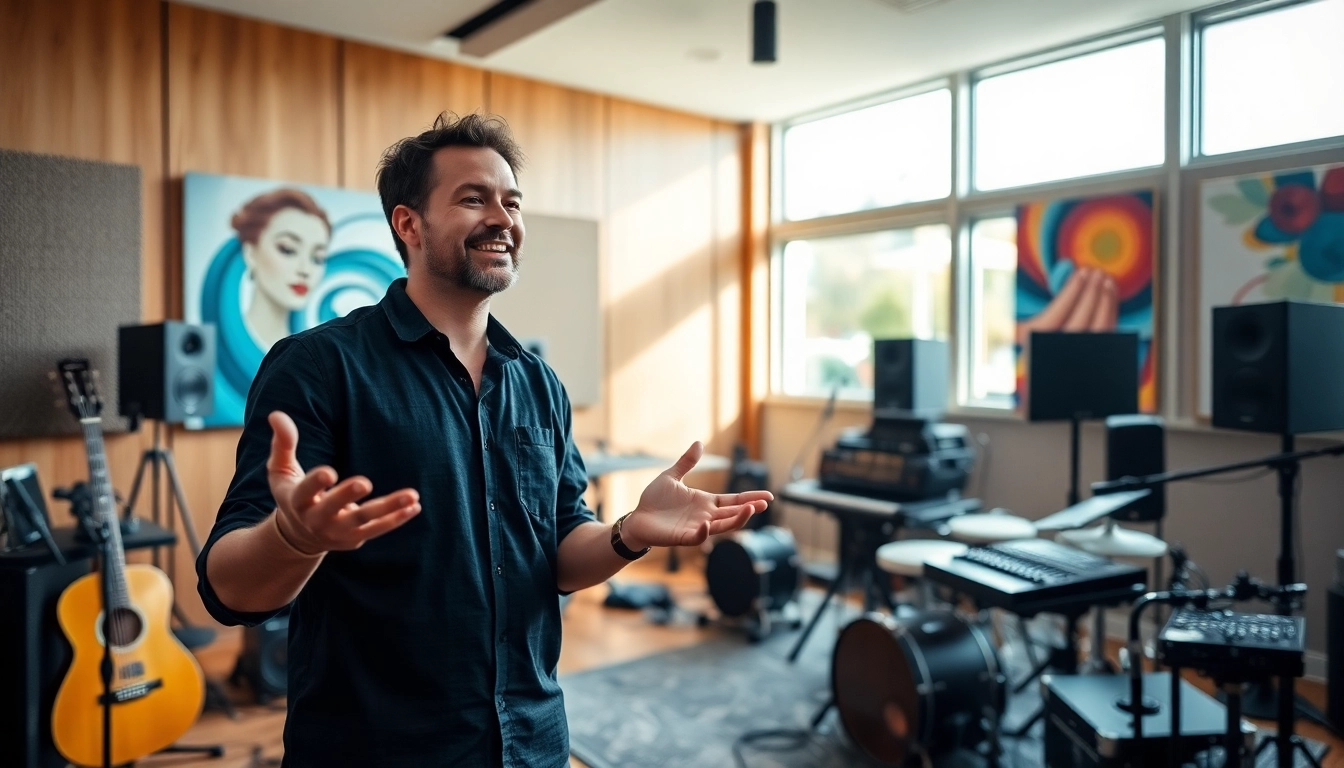 Engaging musician actively involved in music pitching within a creative studio environment.
