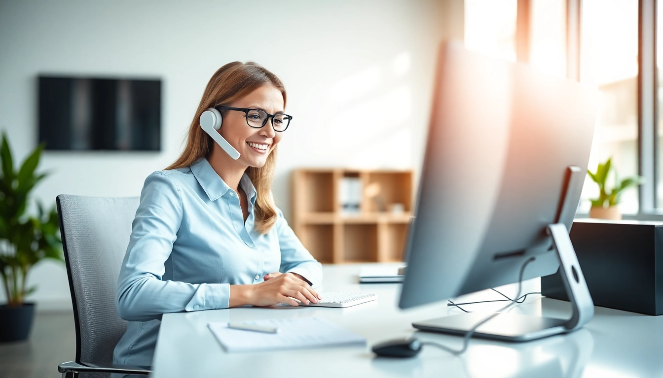 Engaging receptionist providing Virtual Answer Service in a modern office.