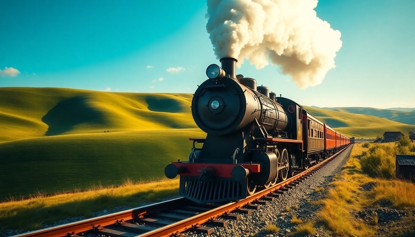 Experience the excitement of railroad tycoon download with a vintage steam locomotive amid lush landscapes.