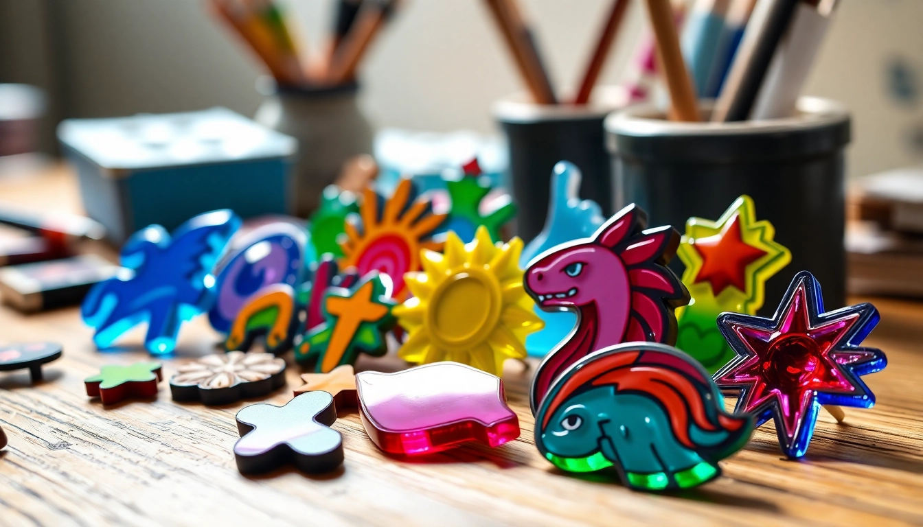 Showcase of custom acrylic pins in varied designs with glossy finishes, highlighting their unique colors and craftsmanship.