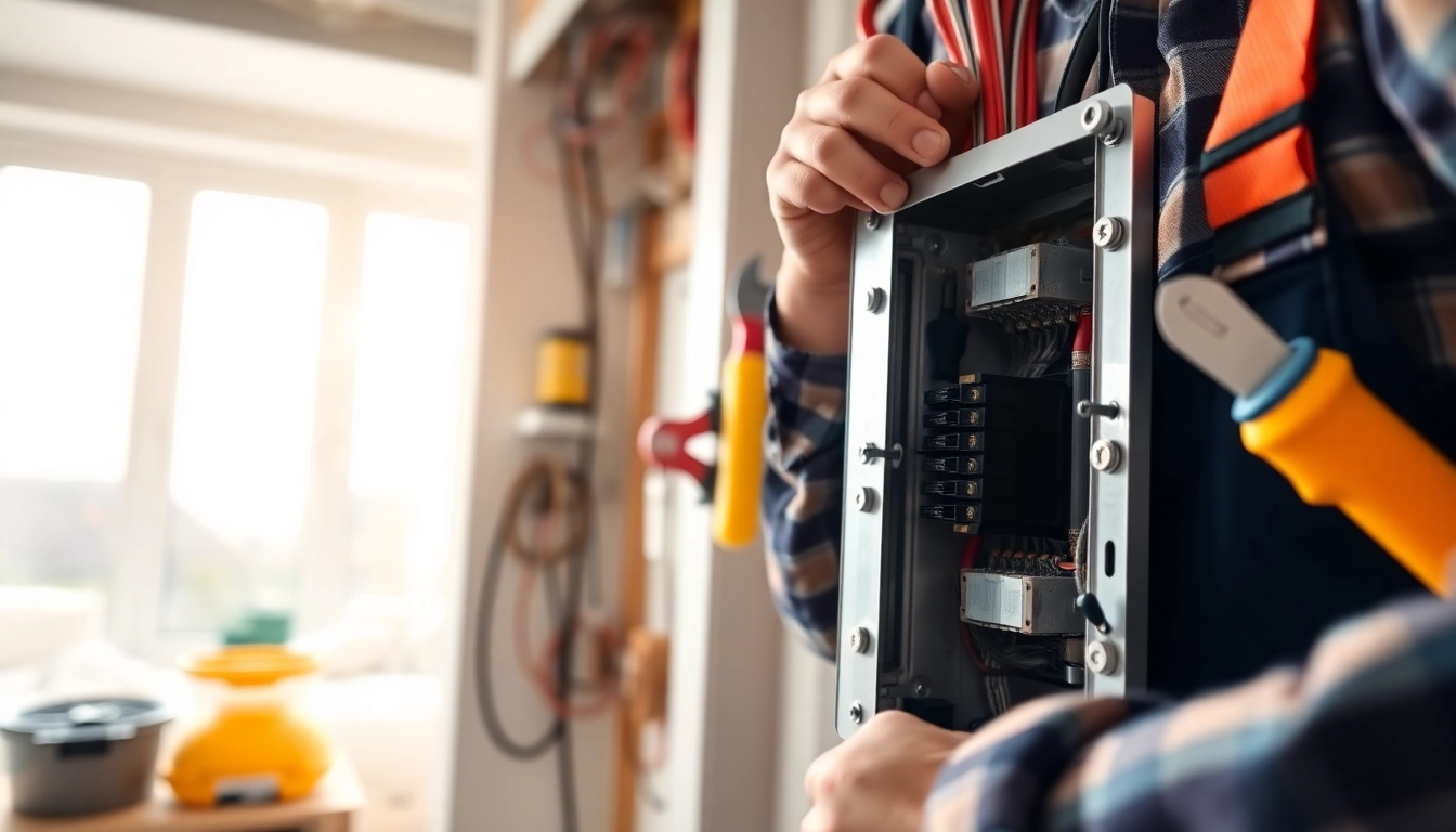 Electrician performing an Electrical Panel Upgrade in a well-lit modern home.