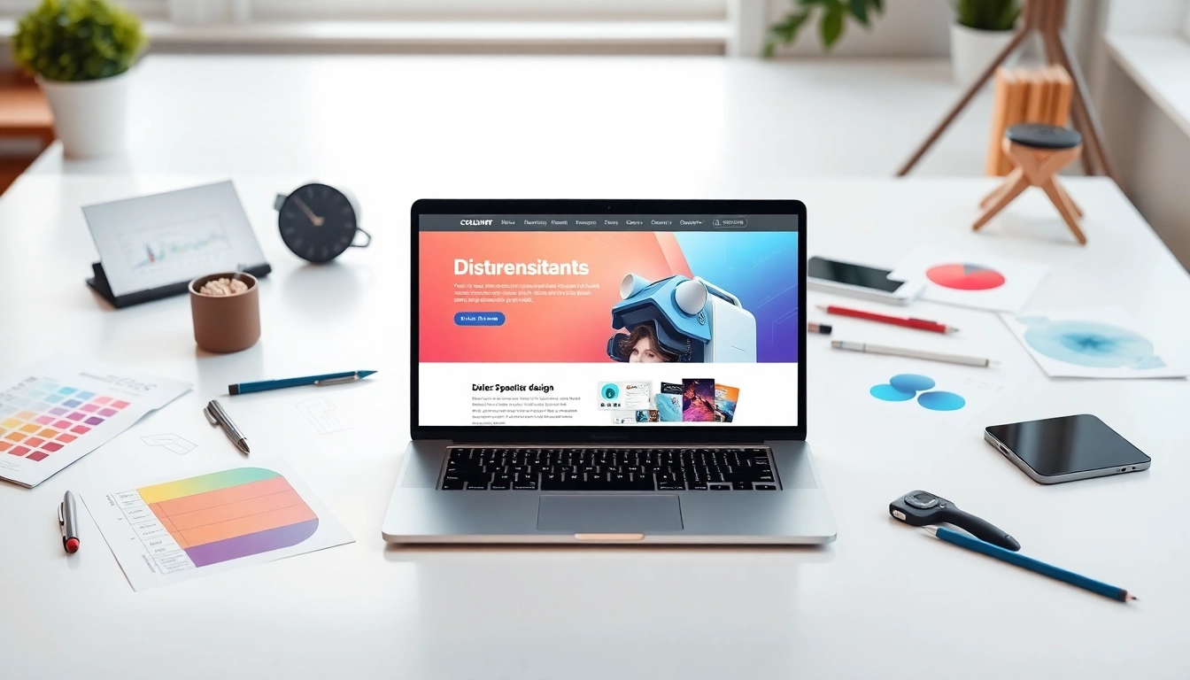 Create a striking website design on a sleek laptop, featuring creative elements in a modern workspace.