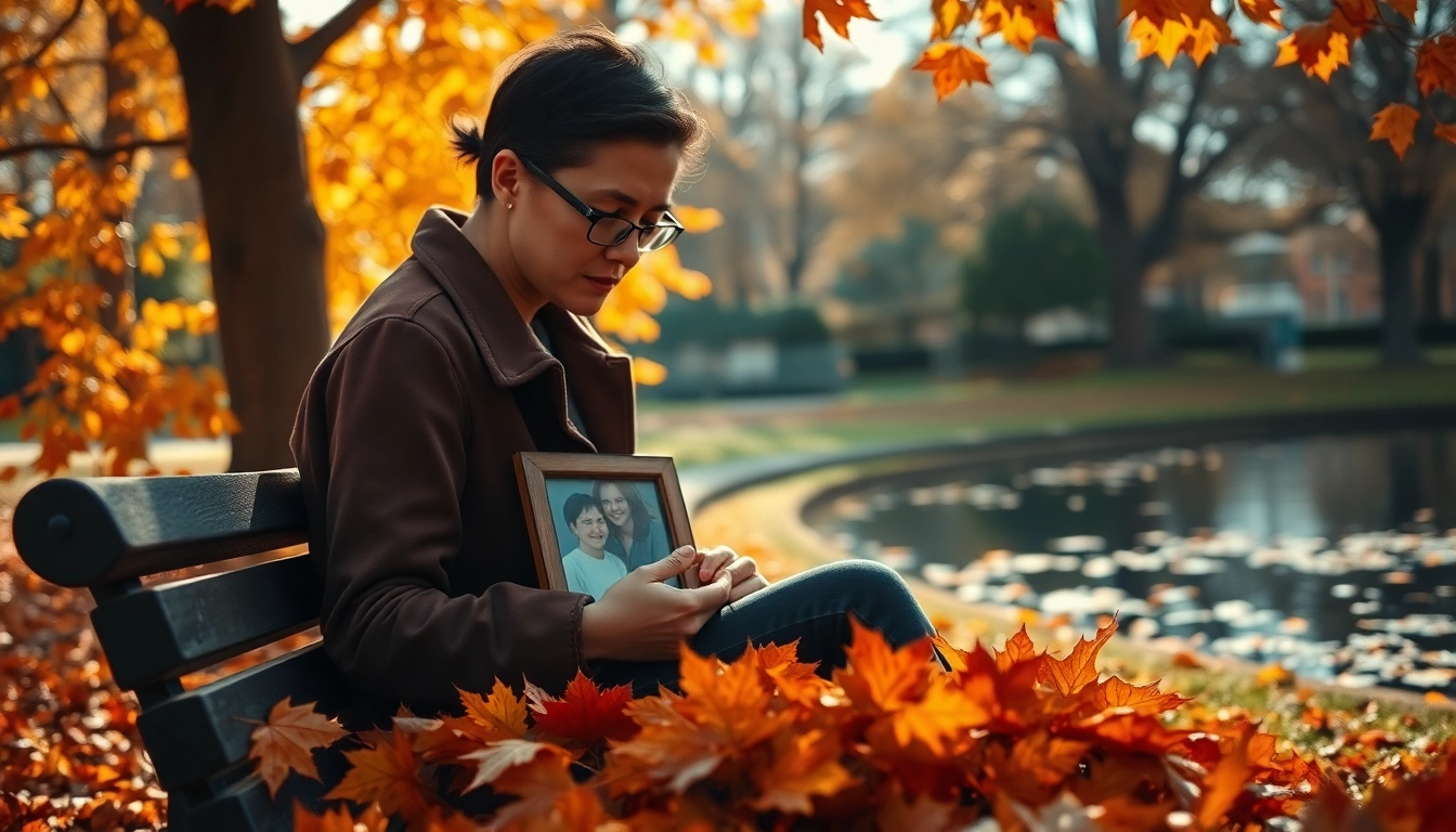 A person dealing with grief while holding a photo frame, surrounded by autumn leaves in a serene park.