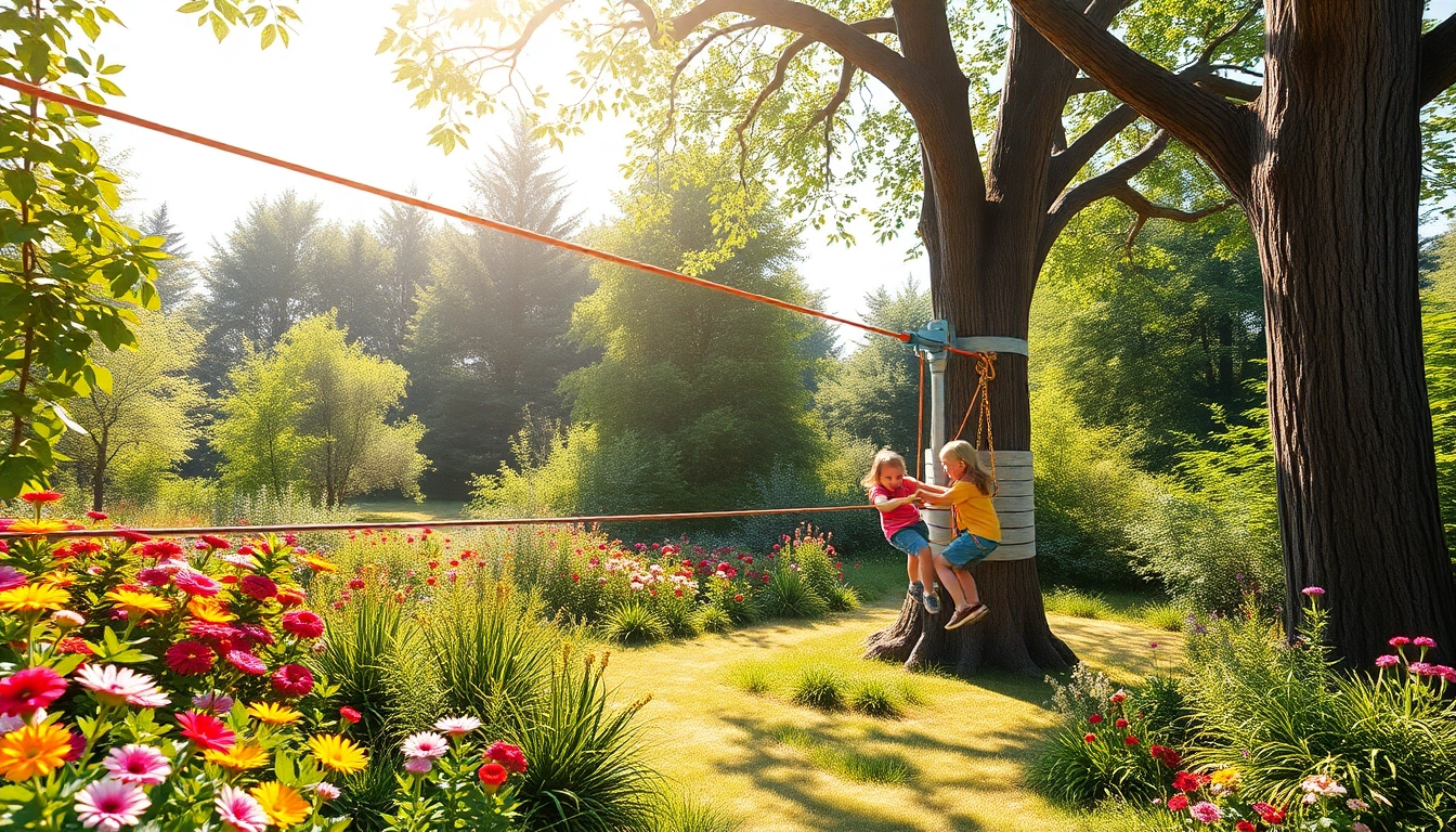 Engaging scene with a GARDEN ZIP WIRE KIT showcased in a colorful garden environment, emphasizing outdoor fun.