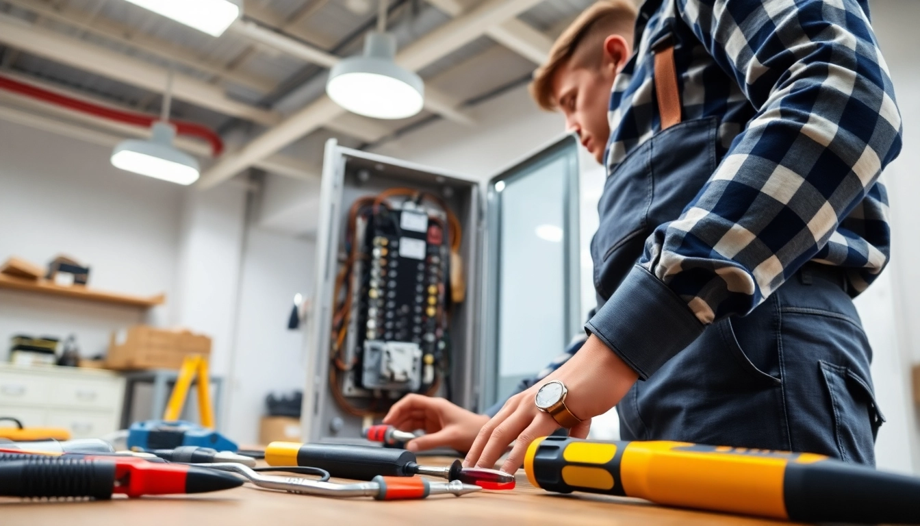 Electrician performing an Electrical Panel Upgrade in a modern home workshop setting, showcasing tools and safety.