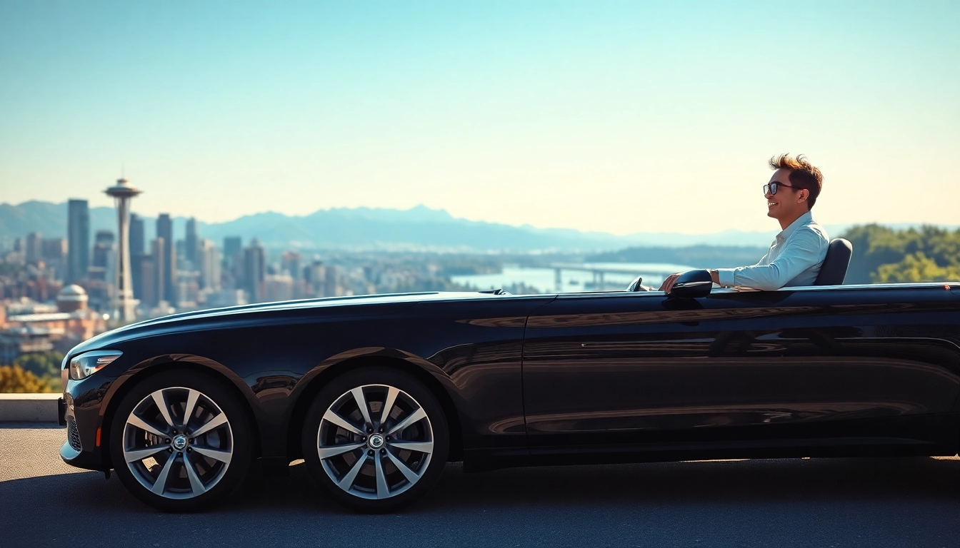Enjoy a luxurious car service from Seattle to Vancouver with a black sedan against cityscapes.