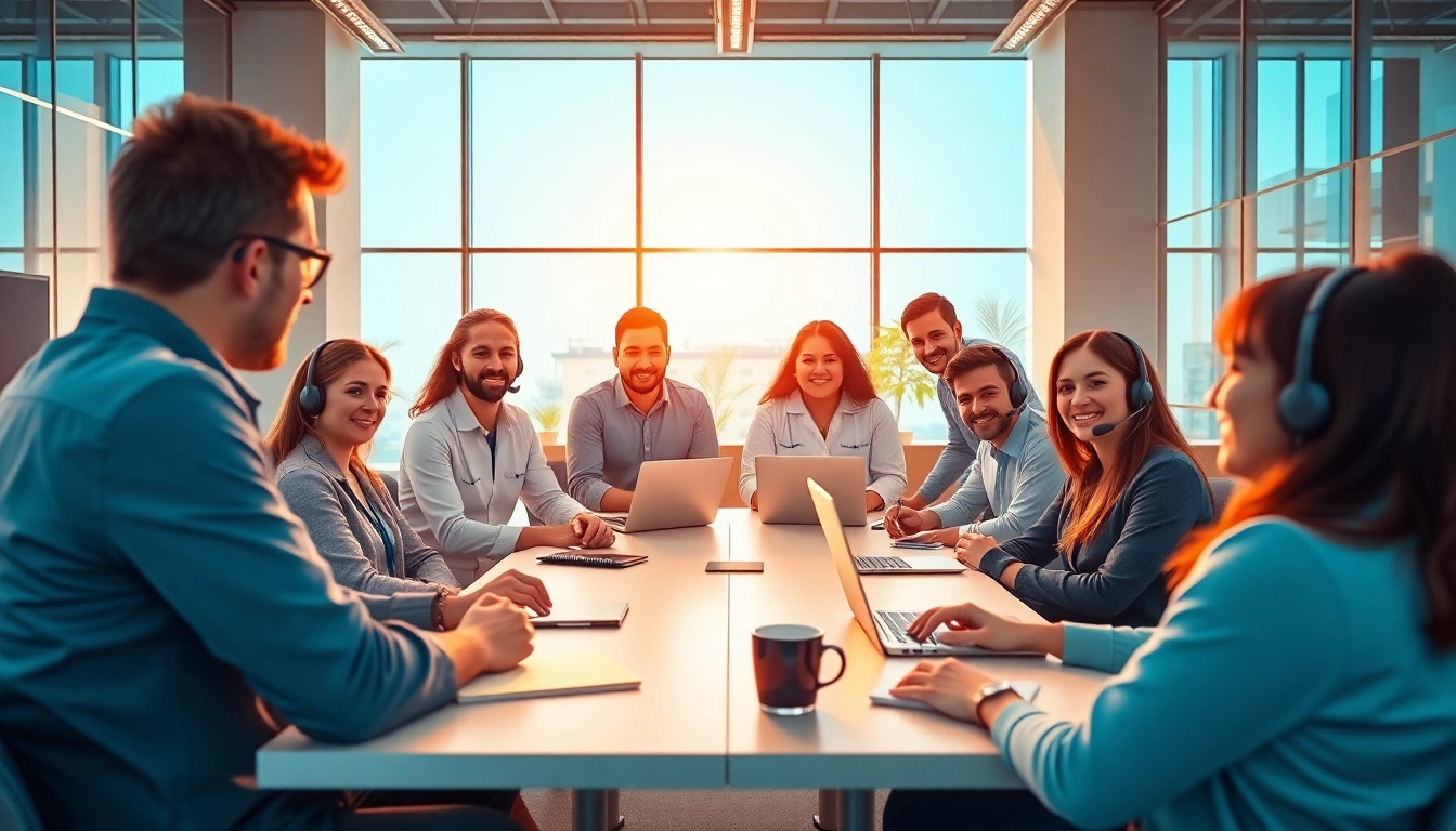 Engage with helpdesk support professionals collaborating in a modern office setting.