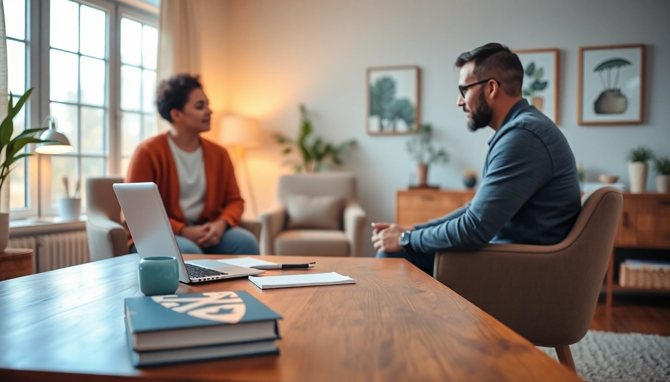 Attachment theory specialist conducting a professional therapy session with a client in a cozy office.