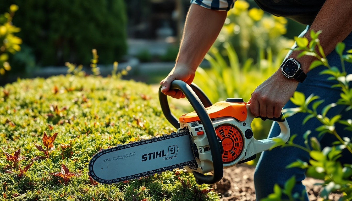 Stihl Kettensäge im Einsatz von einem erfahrenen Gärtner in einer blühenden Gartenlandschaft.