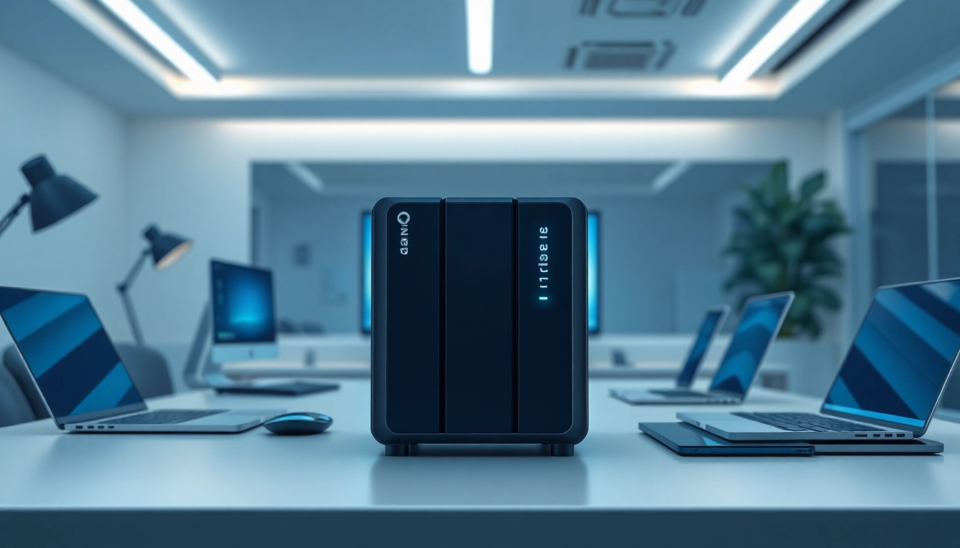 Showcasing Qnap Storage device in a modern tech workspace, highlighting efficiency and reliability.
